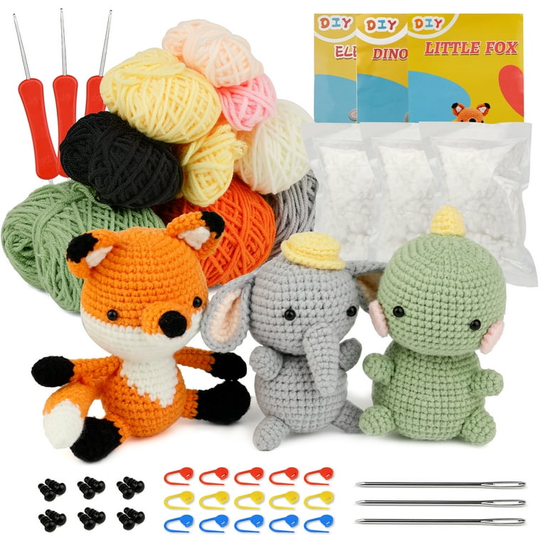 Mayboos 3 Pcs DIY Crochet Animal Kit, Fox Plush Doll, Elephant Plush Doll,  Dinosauria Plush Doll,Clear Easy to Follow Instructions for Starter  Includes Enough Yarn Hook Accessories 