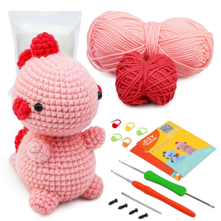 Mayboos Crochet Kit for Beginners with Easy Peasy Yarn for Crocheting,Cute  Small Animals Kit for Beginers and Experts, Pink Dinosaur 