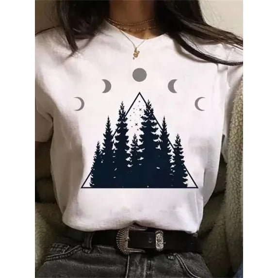 Maycaur New Funny Moon Print T Shirt Women Plus Size Black Tshirts Fashion O Neck Short Sleeve T-Shirt Summer Tees Casual Top