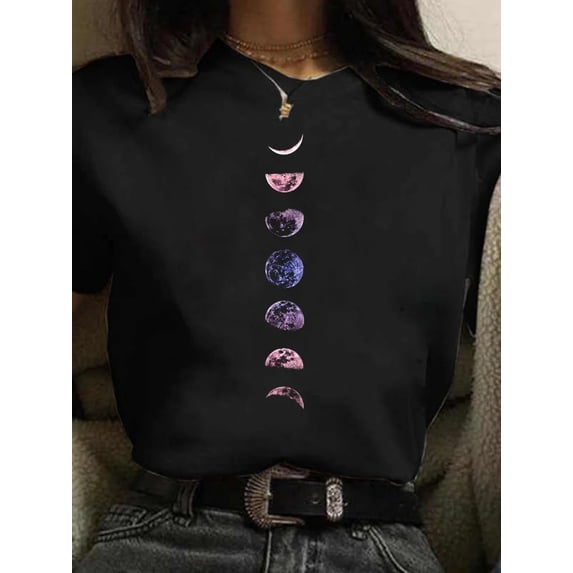Maycaur New Funny Moon Print T Shirt Women Plus Size Black Tshirts Fashion O Neck Short Sleeve T-Shirt Summer Tees Casual Top