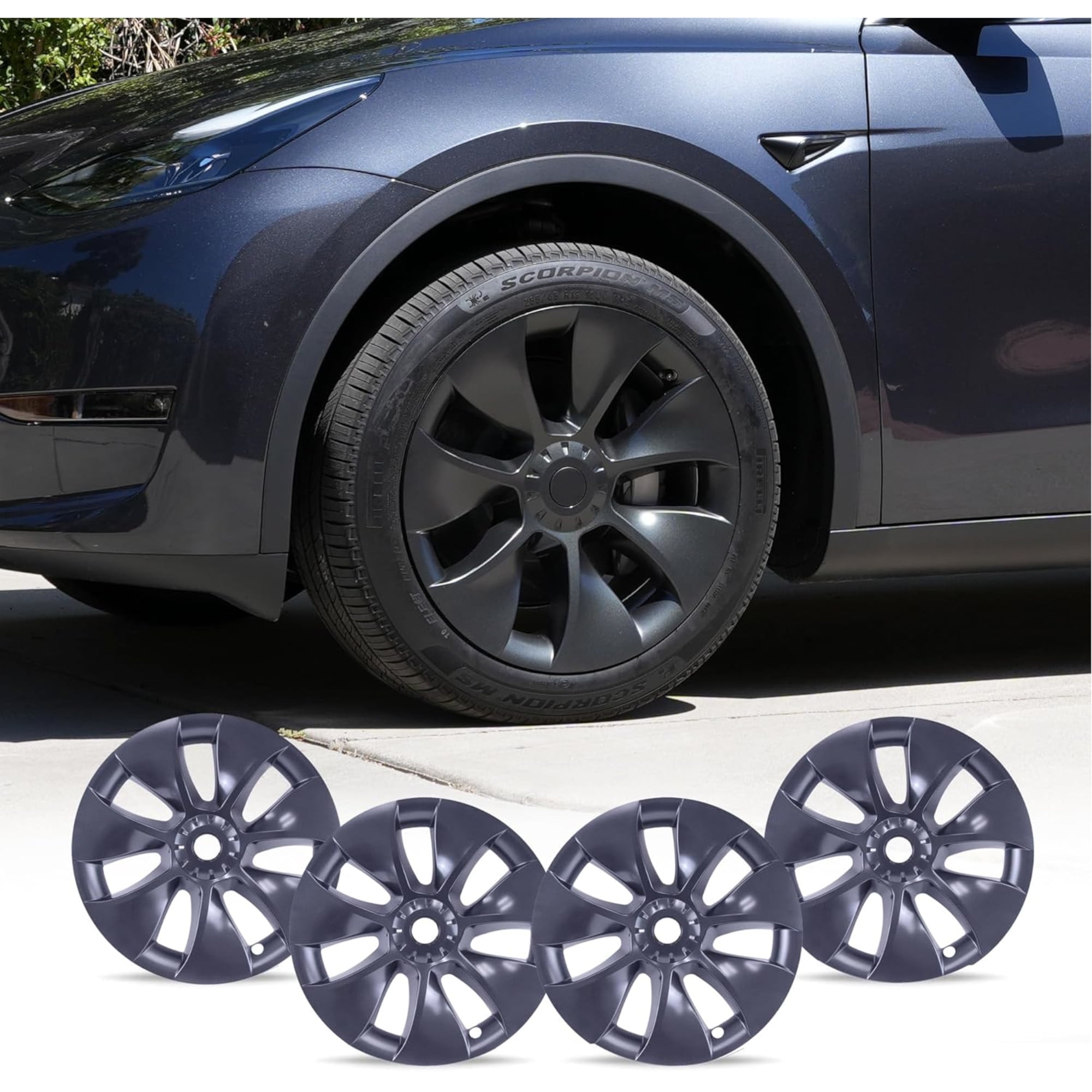 Mayde 19-Inch Hub Caps fits 2020-2024 Tesla Model Y, Replacement Wheel Covers (Set of 4) - Revolve, Gunmetal Gray