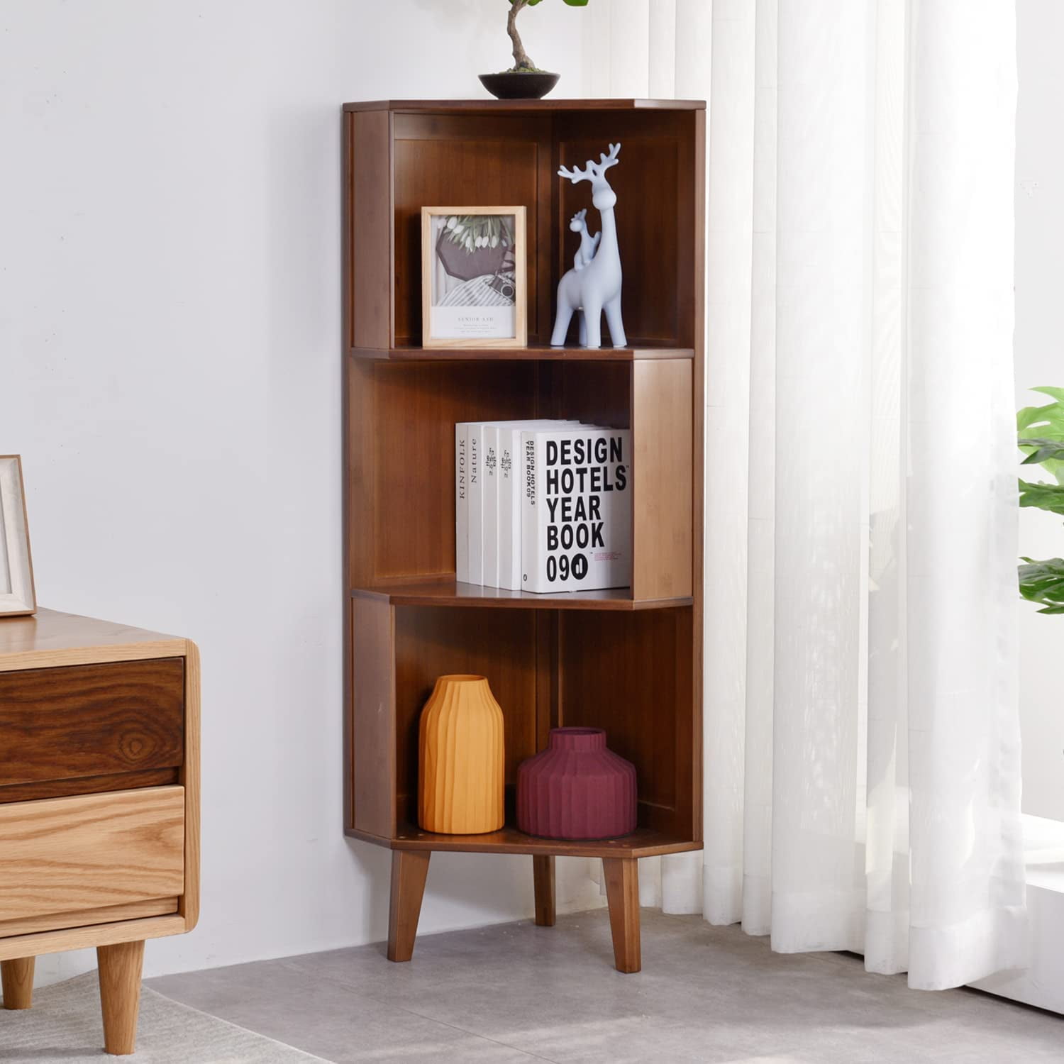 Dropship Corner Shelf, 4 Tier Bamboo Corner Bookshelf, 47.2 Inch