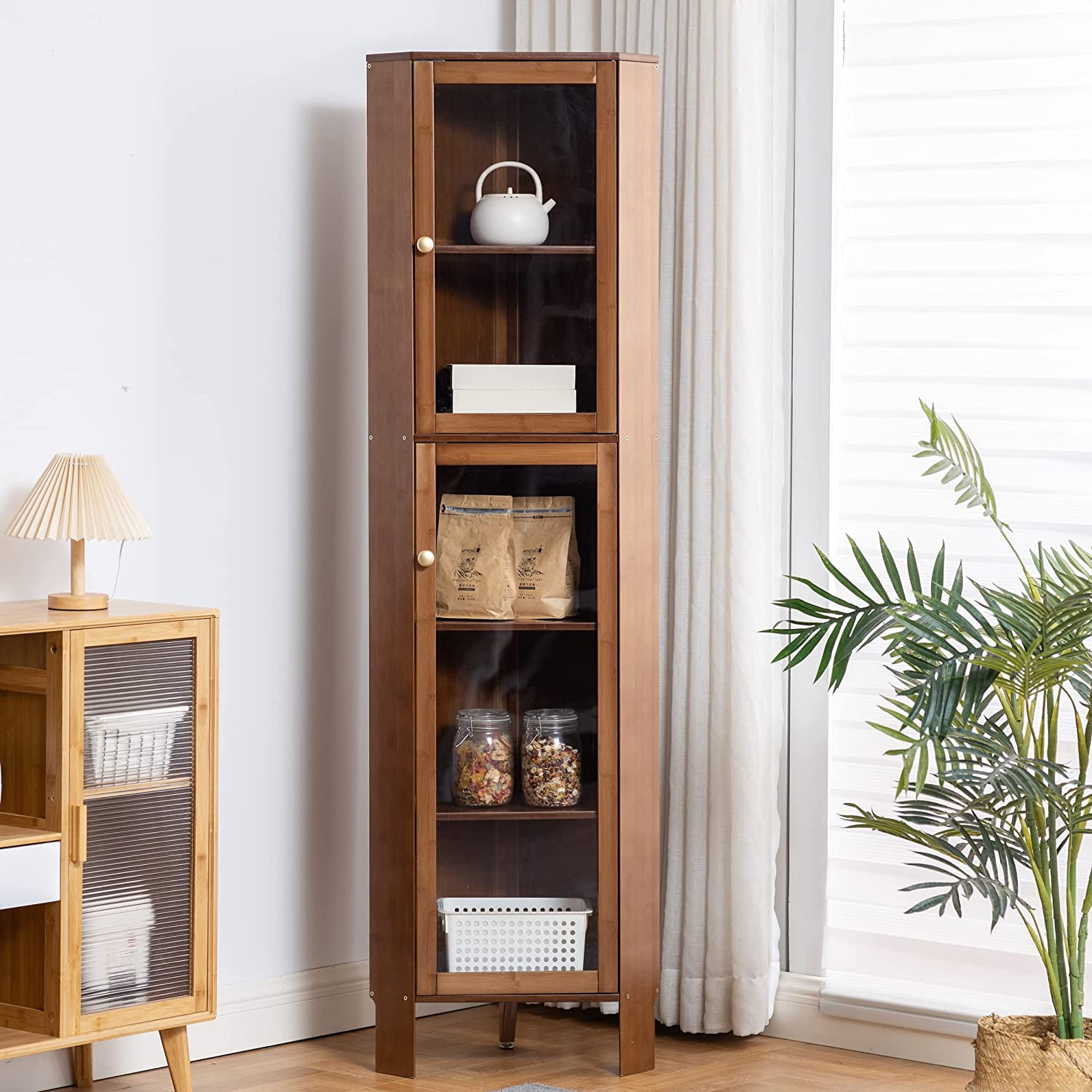 HOMEFORT 5 Tier Corner Bookshelf, Small Corner Bookcase Cabinet Slim Corner Tall