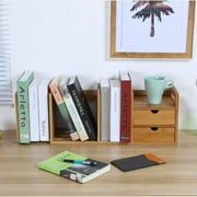 Maydear Bamboo Desk Bookshelf Expandable Desktop Organizer Table Top Bookcase, Extension Book Rack Adjustable with 2 Storage Drawers for Office and Home