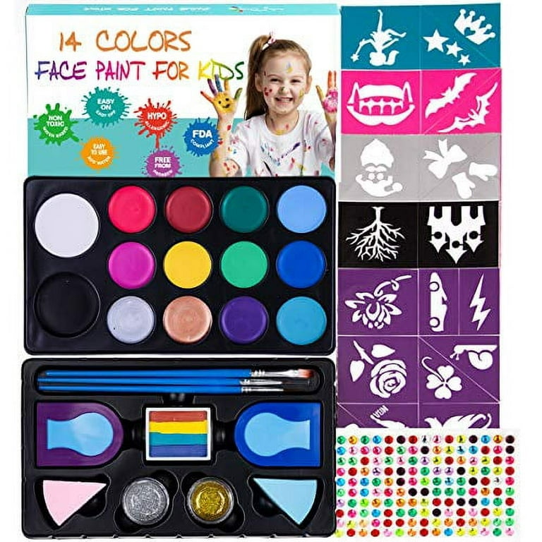 Face Paint Kit for Kids and Adults - Face Painting Kit with Stencils, 14 Water Based Paints, 2 Glitters - Halloween Makeup Kit, Non Toxic Safe