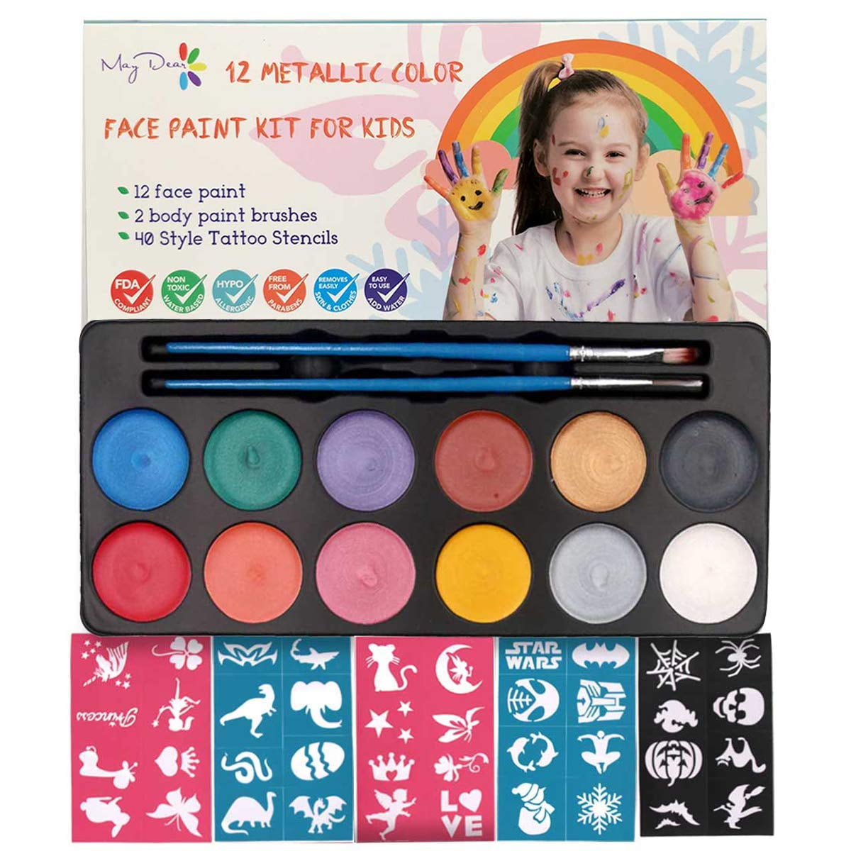 Glokers Face Paint Set - Face painting Kit Contains Cake Paints, Crayons,  Paint Brushes, Glitter, Sponges and Stencils - Sensitive Skin Face and Body  Paint - Suitable for Adults and Children