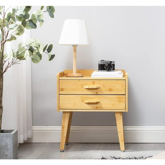 Maydear Nightstand with 2 Drawers for Bedroom, Bamboo Morden Bedside Table with Legs, Minimalist and Practical End Side Table End Table for Bedroom, Living Room, Natural Color