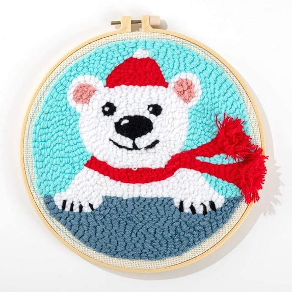 Maydear Punch Needle Starter Kit for Beginner Cartoon Rug Hooking Beginner Kit, with an Embroidery Pen and 9.5'' Hoop - Polar Bear