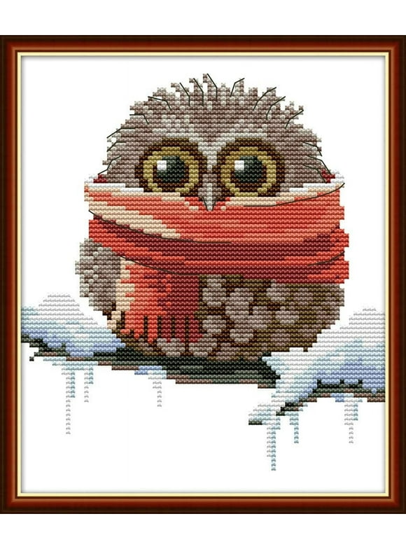 Maydear Stamped Cross Stitch Kits, DIY Embroidery Starter Kits for Beginners Counted Cross Stitch Kits 11CT - Owl with a Scarf 9.4×11 inch