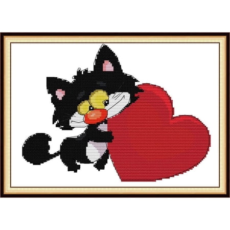 Maydear Stamped Cross Stitch Kits, Embroidery Starter Kits for Beginners DIY - Black Cat and Red Heart 16.1×11(inch)