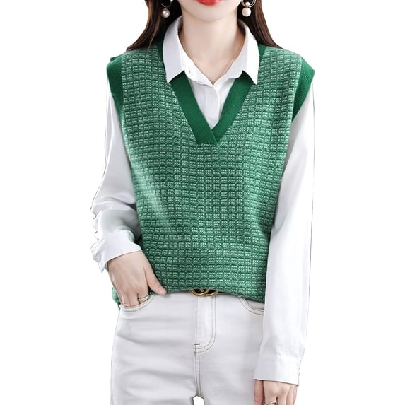Maydear Women's Crop V Neck Knitwear Tank Tops, Casual Sleeveless Houndstooth Pattern Pullover Sweater Tank Tops