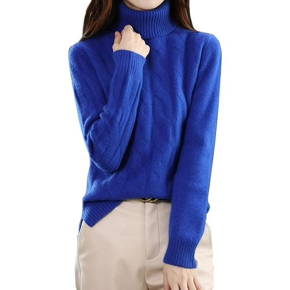 Maydear Womens High Lapel Neck Cable Sweater, Casual Long Sleeve Pullover Tops