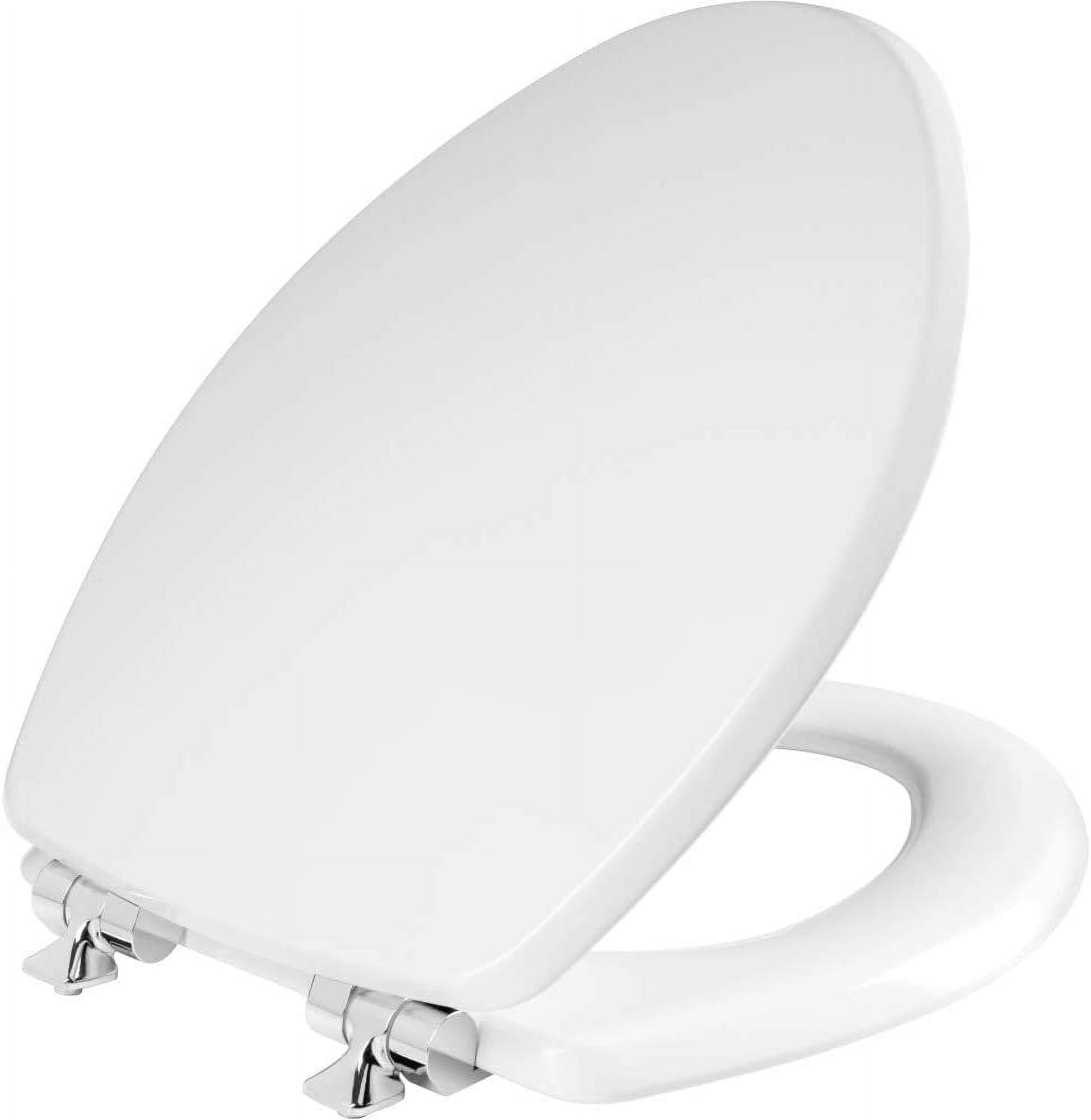 Elongated White Gloss Enameled Wood Toilet Seat with Chrome Hinges