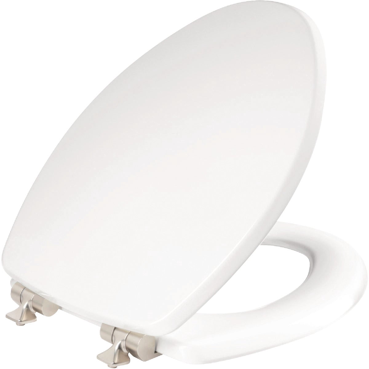 Mayfair Bennett Toilet Seat with Brushed Nickel Hinges, Slow Close Wood Seat, Secure Metal Hinges, Easy Install, Elongated, White