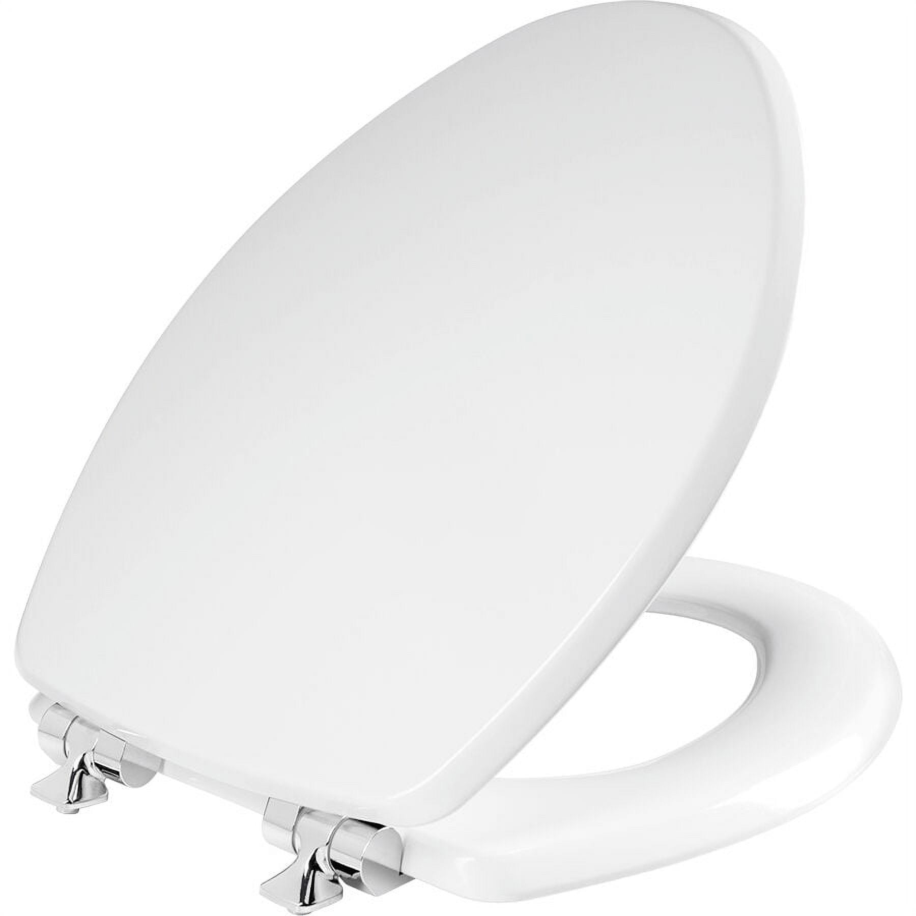 Elongated White Gloss Enameled Wood Toilet Seat with Chrome Hinges