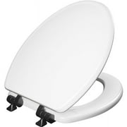 Mayfair BentonÂ®Elongated Enameled Wood Toilet Seat in White with Never Loosens and Soft Close Matte Black Hinge