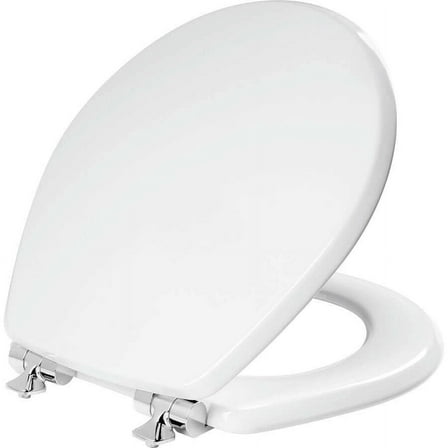 Mayfair Benton® Round Enameled Wood Toilet Seat in White Never Loosens and Soft Close Chrome Hinge