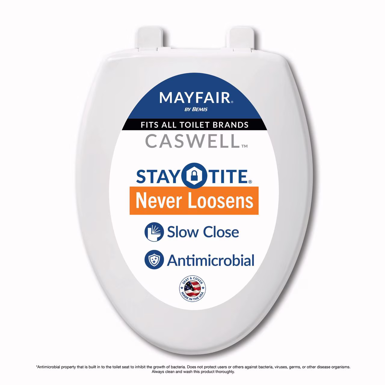 Mayfair Caswell™ Slow Close Elongated Plastic Toilet Seat in White Never Loosens