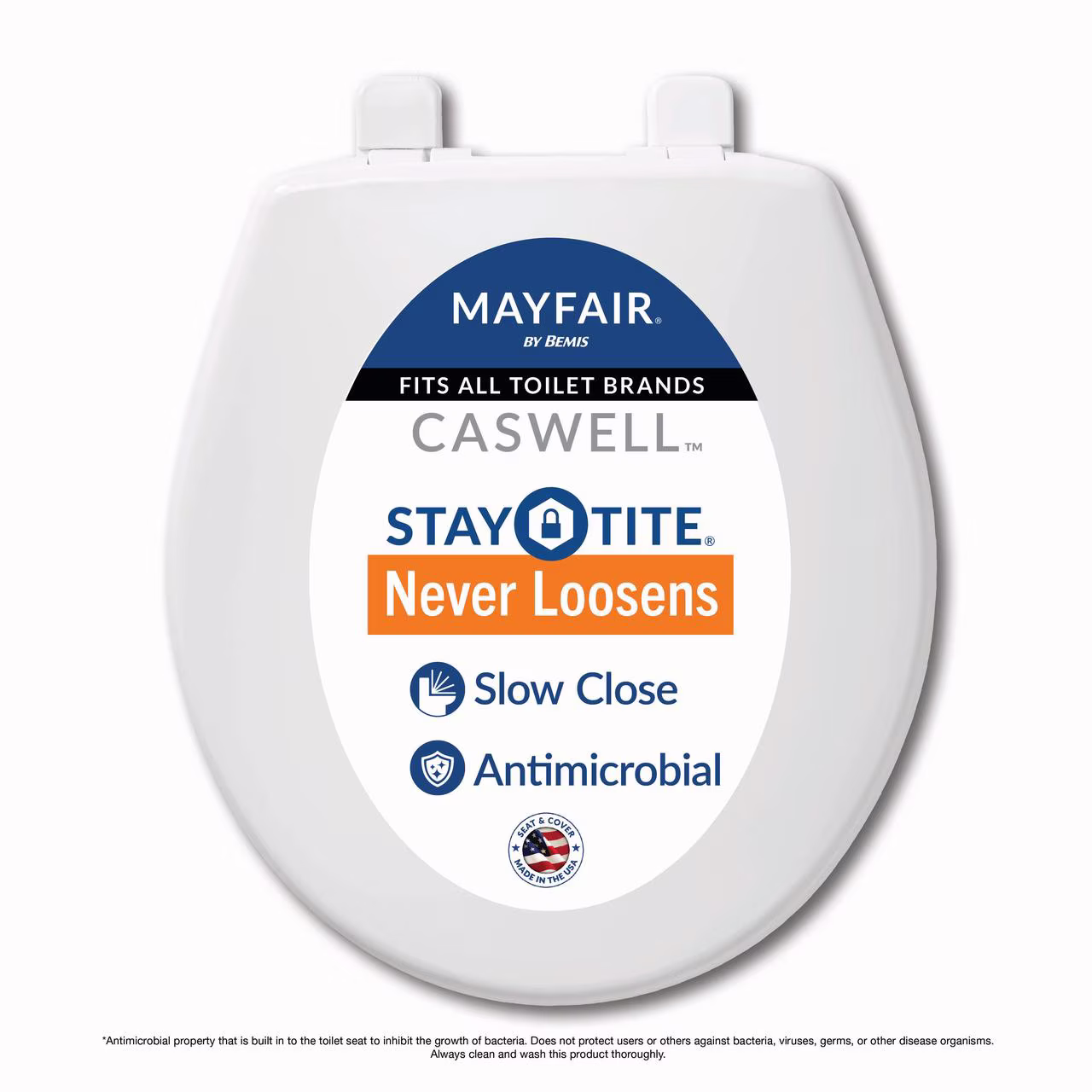 Mayfair Caswell™ Slow Close Round Plastic Toilet Seat in White Never Loosens