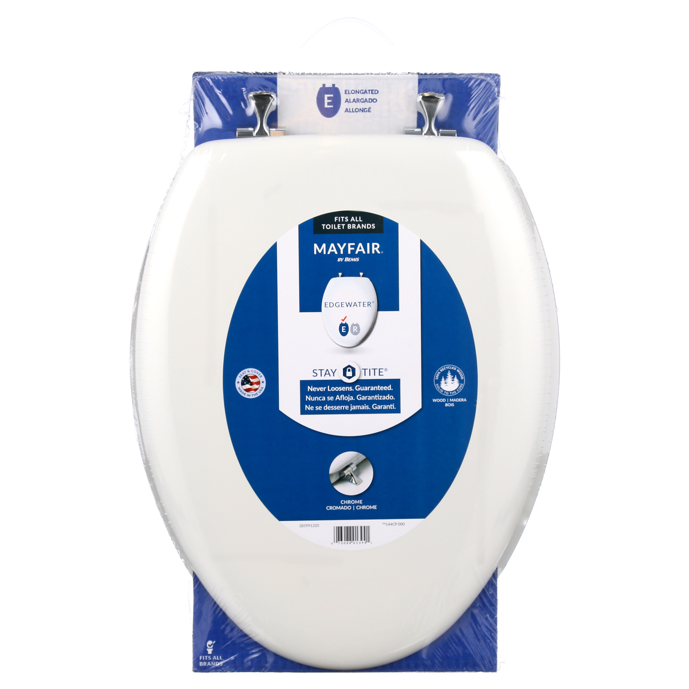 Mayfair Edgewater Elongated Enameled Wood Toilet Seat in White with Stay·Tite Seat Fastening System and Chrome Hinge