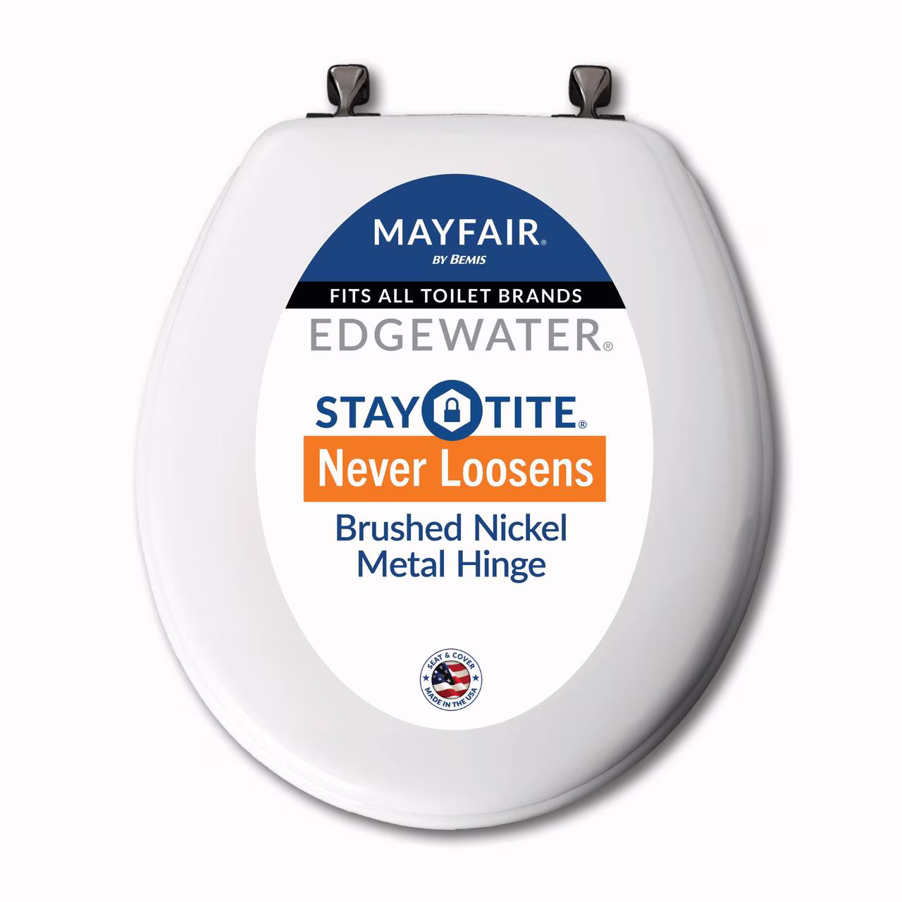thumbnail interactive-video image 1 of Mayfair Edgewater® Round Enameled Wood Toilet Seat in White Never Looosens Brushed Nickel Metal Hinge, 1 of 12