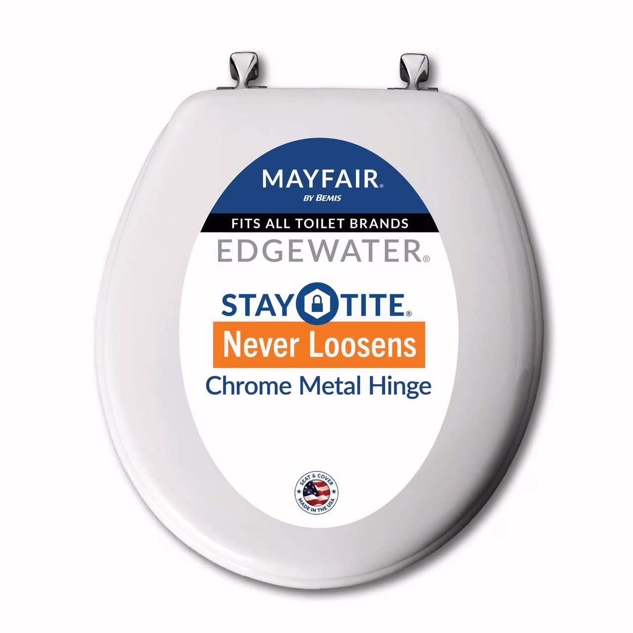 Mayfair Edgewater® Round Enameled Wood Toilet Seat in White Never Loosens Chrome Metal Hinge
