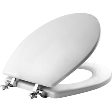 Mayfair Edgewater® Round Enameled Wood Toilet Seat in White Never Loosens Chrome Metal Hinge