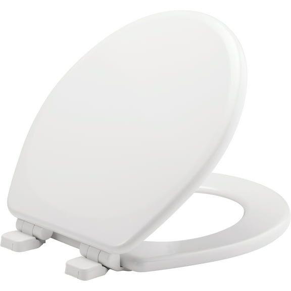 Mayfair Lannon Slow Close Round Enameled Wood Toilet Seat in White Adjustable and Never Looosens