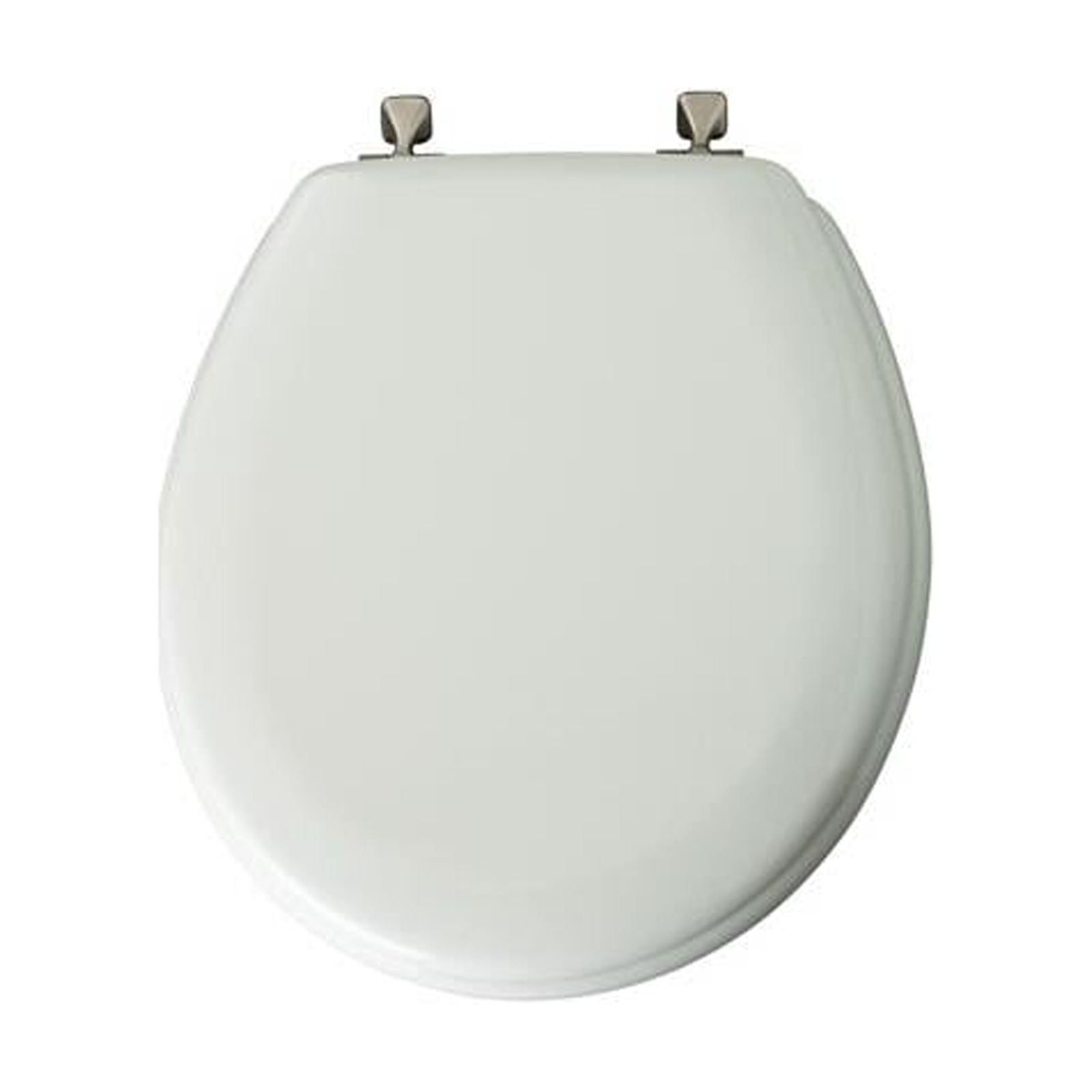 White Round Enameled Wood Toilet Seat with Brushed Nickel Hinges
