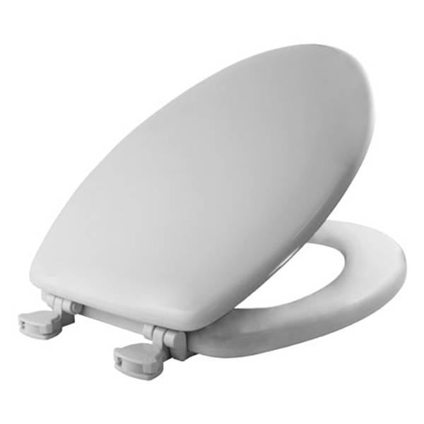 White Gloss Elongated Enameled Wood Toilet Seat with Brushed Nickel Hinges