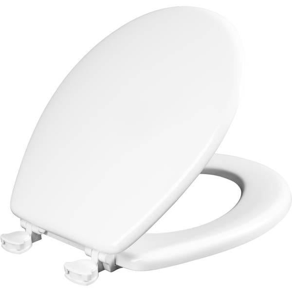 White Gloss Elongated Enameled Wood Toilet Seat with Brushed Nickel Hinges