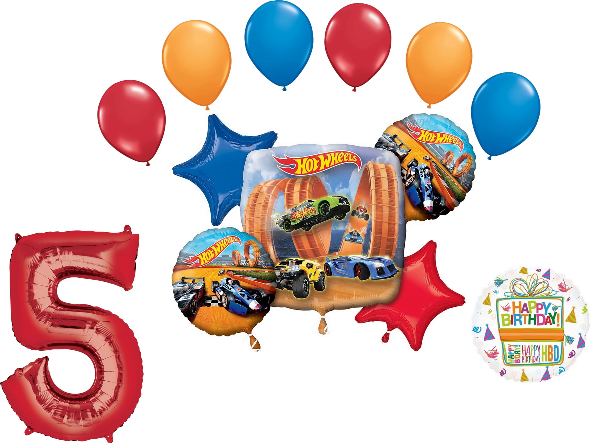 Mayflower Products Hot Wheels 5th Birthday Balloon Bouquet, Red/Blue/Orange, 12 Pieces