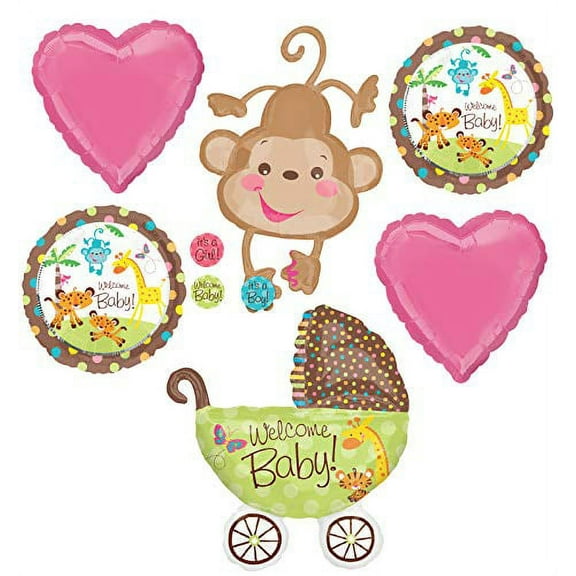 Mayflower Products Jungle Safari Welcome Baby Girl Shower Party Supplies Buggy and Monkey Balloon Bouquet Decorations