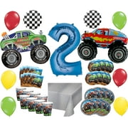 Mayflower Products Monster Truck Rally 2nd Birthday Party Supplies 8 Guest Decoration Kit with Green and Red Monster Truck Balloon Bouquet