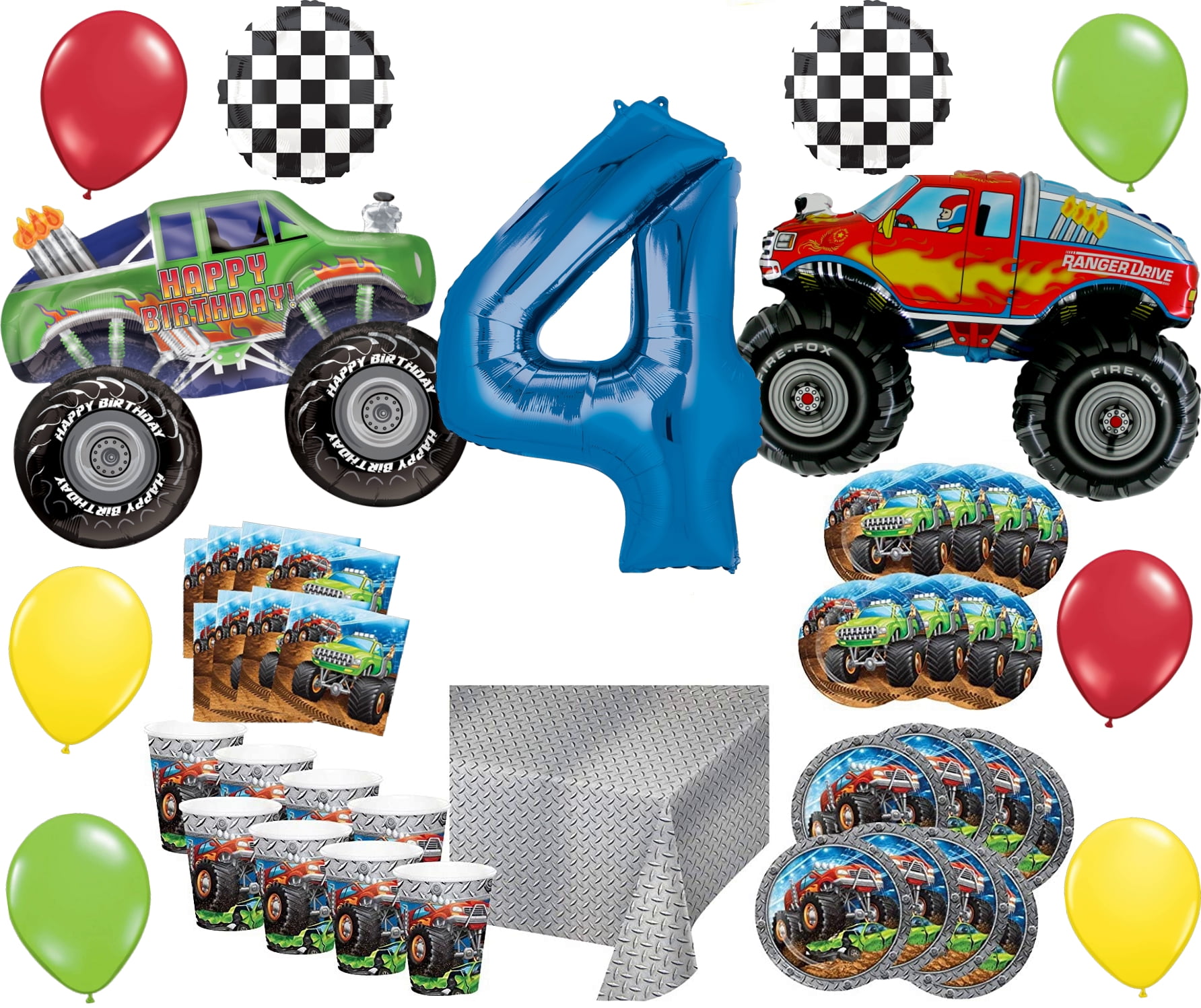 Mayflower Products Monster Truck Rally 4th Birthday Party Supplies with Balloon Bouquets, 8 Count