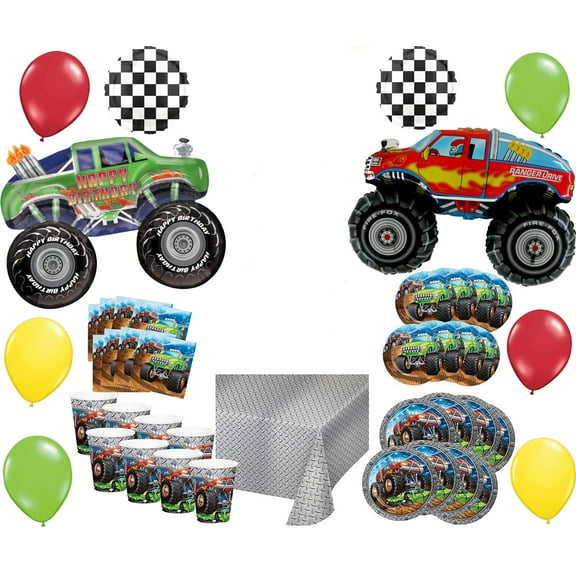 Mayflower Products Monster Truck Rally Birthday Party Supplies 8 Guest Decoration Kit with Green and Red Monster Truck Balloon Bouquet
