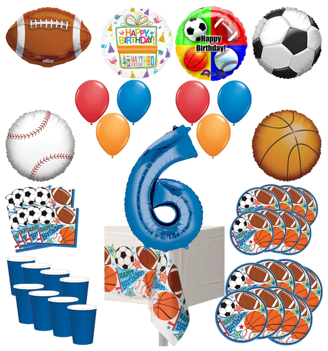Mayflower Products Sports Theme 6th Birthday Party Supplies 8 Guest Entertainment kit and Balloon Bouquet Decorations - Blue Number 6