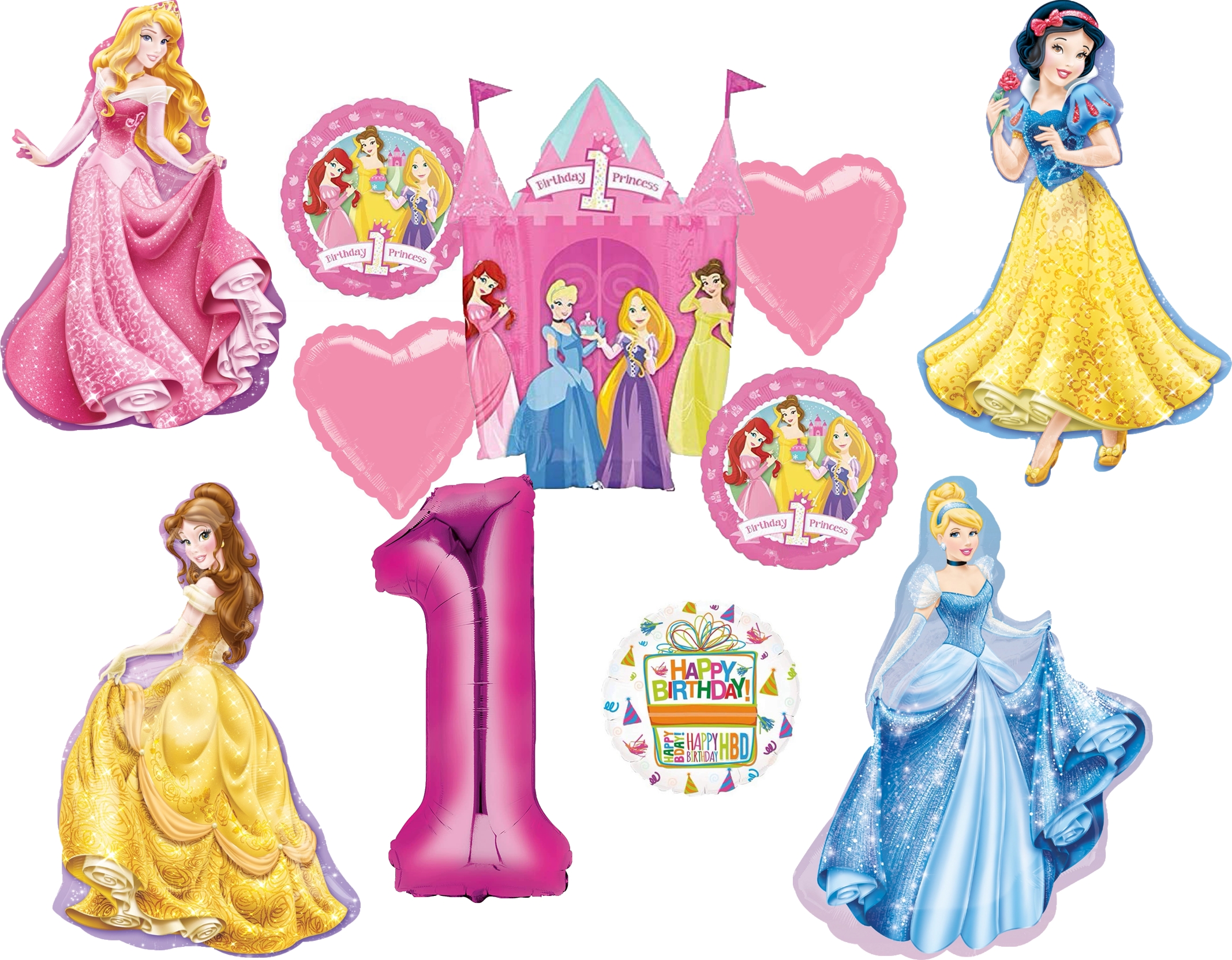 Mayflower Products Ultimate Princess 1st Birthday Party Supplies Cinderella, Belle, Sleeping Beauty and Snow White Balloon Bouquet Decorations
