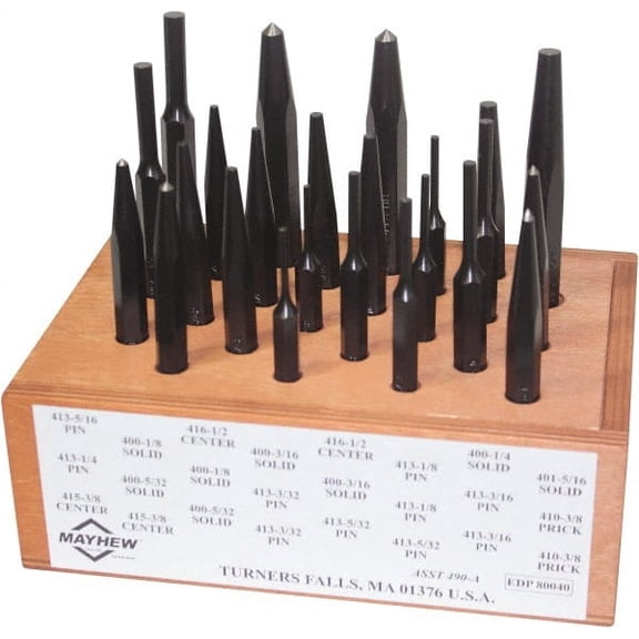 Mayhew 24 Piece, 1/8 to 1/2", Center, Pin & Prick Starter Punch Set Hex Shank, Steel, Comes in Boxed