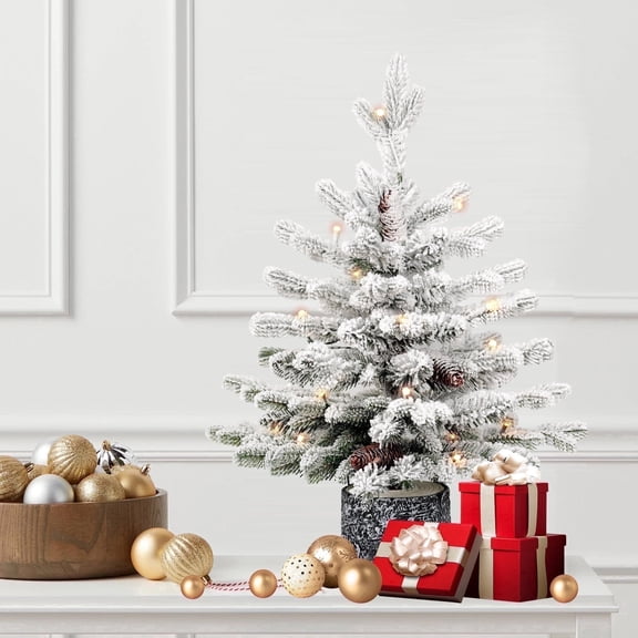 Mayhihi 2FT Pre-Lit Potted Flocked Christmas Tree, Snow Frosted Tabletop Decor with 30 Warm White LED Lights & 189 PE & PVC Mixed Branch Tips