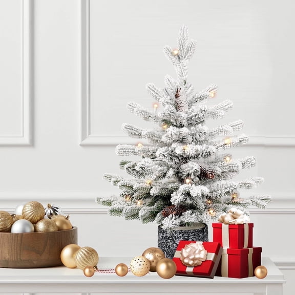 Mayhihi 2FT Pre-lit Potted Flocked Christmas Tree, Snow Frosted Mini Tabletop Artificial Christmas Tree with 30 Warm White LED Lights, Small Fake Christmas Tree with 189 PE & PVC Mixed Branch Tips