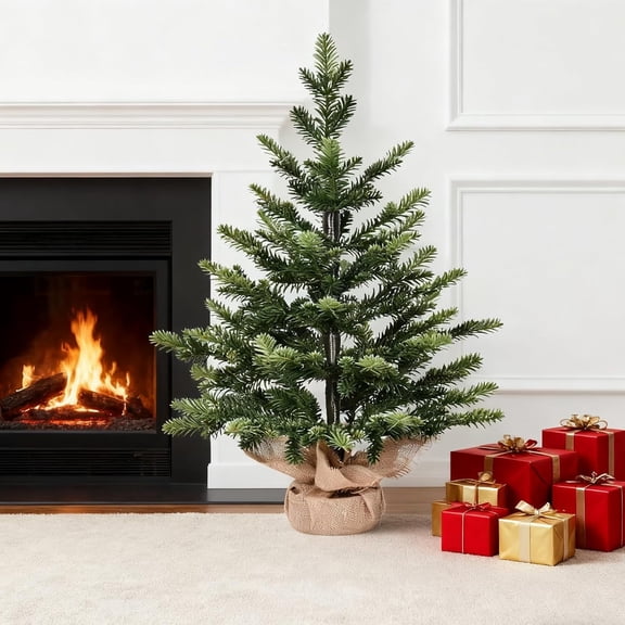 Mayhihi 2ft Artificial Christmas Tree with Burlap Base Mini PE Pine Tree for Tabletop Shelf and Indoor Holiday Decor