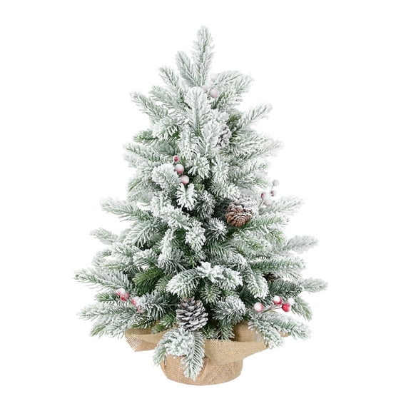 Mayhihi 3ft Tabletop Christmas Tree, Snow Flocked Artificial Mini Christmas Tree with 14 Pine Cones & Red Berries, Green
