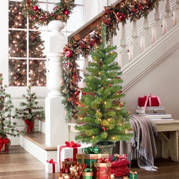 Mayhihi 4ft Pre-Lit Potted Mini Christmas Tree, 50 LED Lights & 140 Branch Tips, Indoor Outdoor Decor for Front Door and Porch