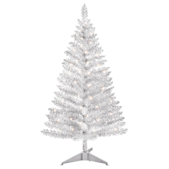 Mayhihi 4 ft Silver Pre-Lit Artificial Christmas Tree with Lights , Small Tinsel Xmas Tree Indoor