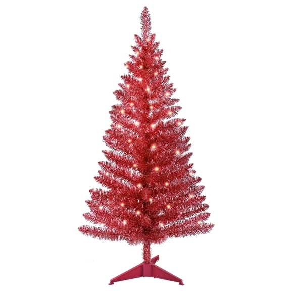 Mayhihi 4ft Lighted Red Christmas Tree with 50 Warm White Lights, Small Tinsel Artificial Holiday Tree for Indoor Spaces