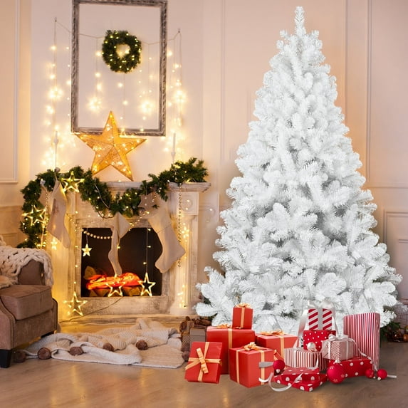 Mayhihi 5 FT White Unlit Artificial Christmas Pine Tree, Xmas Tree Holiday Party Decoration with Sturdy Metal Stand, Full 498 Branch Tips for Indoor and Outdoor