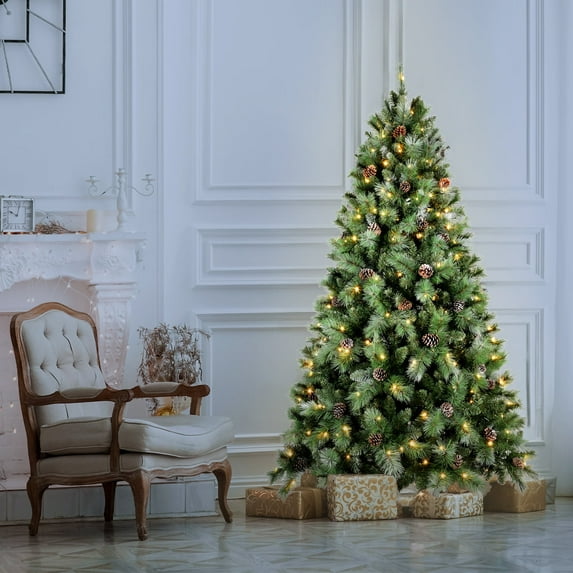 Mayhihi 6 FT Prelit Artificial Xmas Tree w/ 988 PVC Branch Tips&Flowering Pine Needles,300 LED Lights,66 Pine Cones