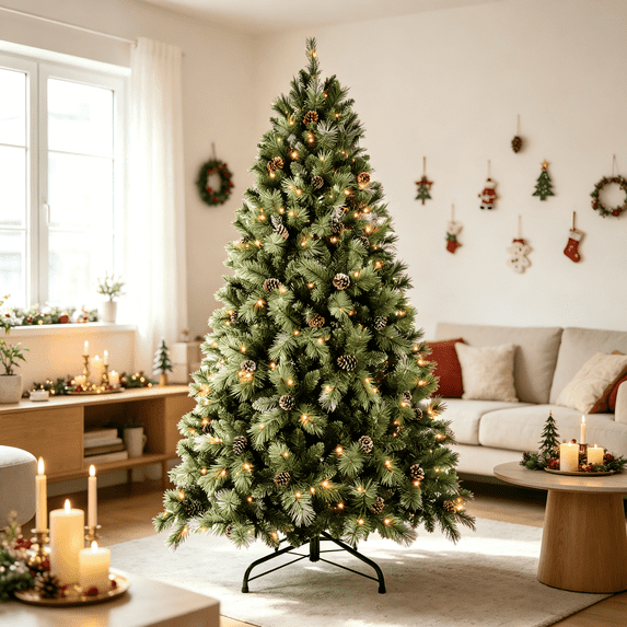 Mayhihi 6 FT Prelit Artificial Xmas Tree w/ 988 PVC Branch Tips&Flowering Pine Needles,300 LED Lights,66 Pine Cones
