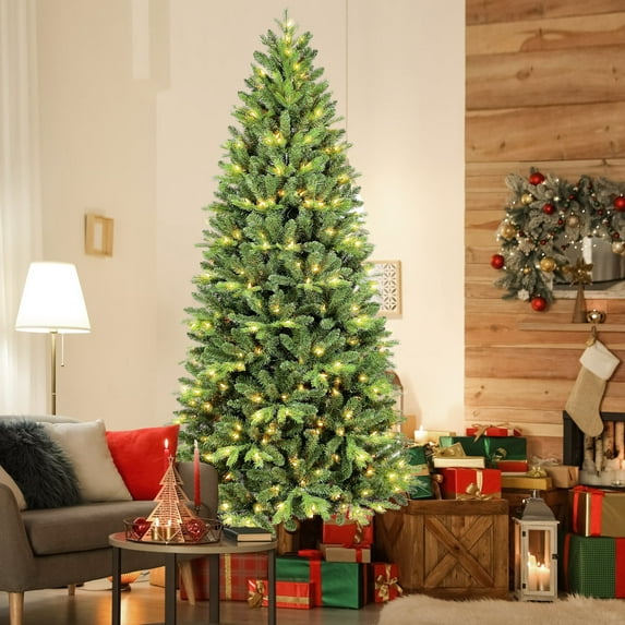 Mayhihi 6Ft Pre-Lit Slim Christmas Tree, Green, Fir Xmas 'Feel Real' Artificial Tree, White Lights